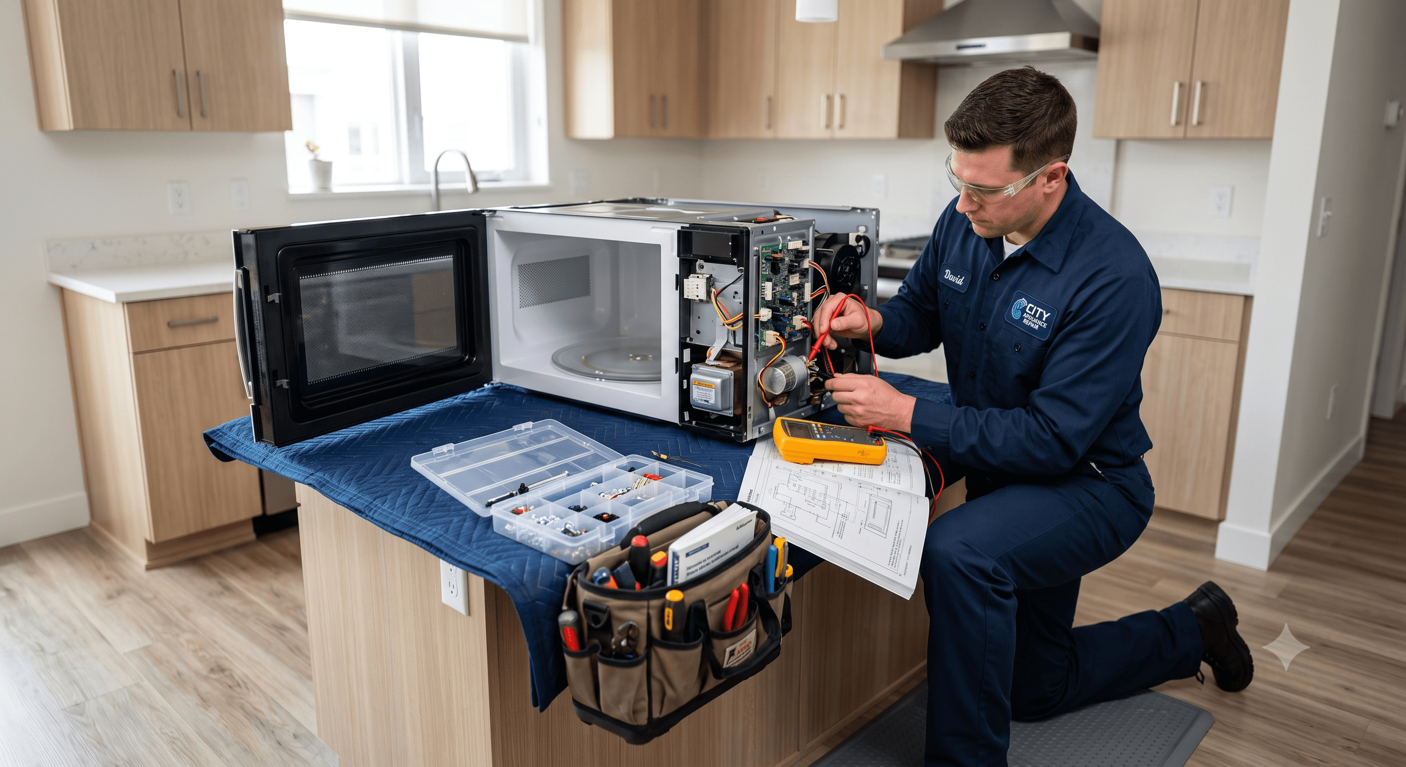Fixbee technician repairing a microwave oven's internal circuit board in a home kitchen