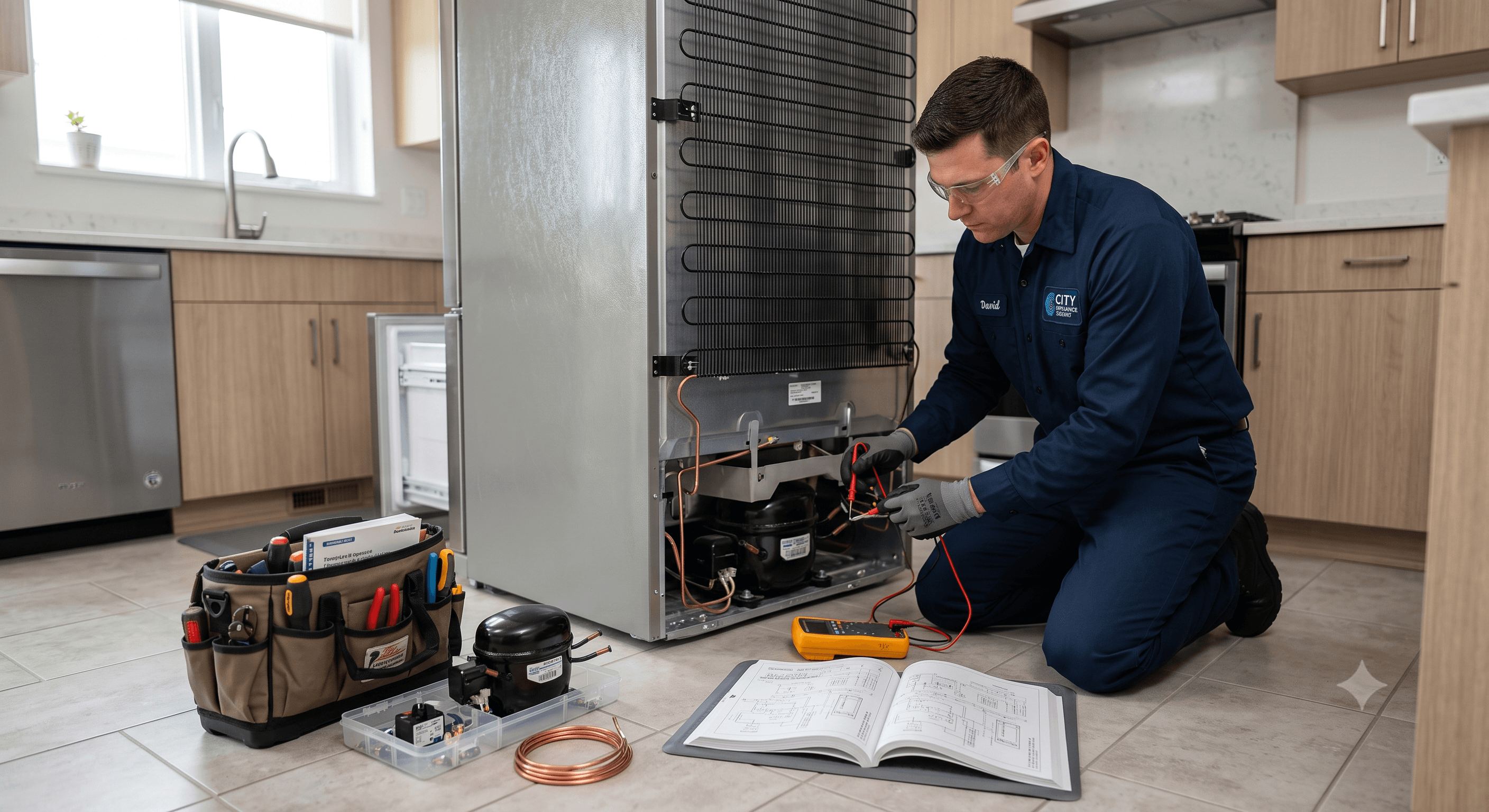 Fixbee technician diagnosing a refrigerator's compressor and cooling system