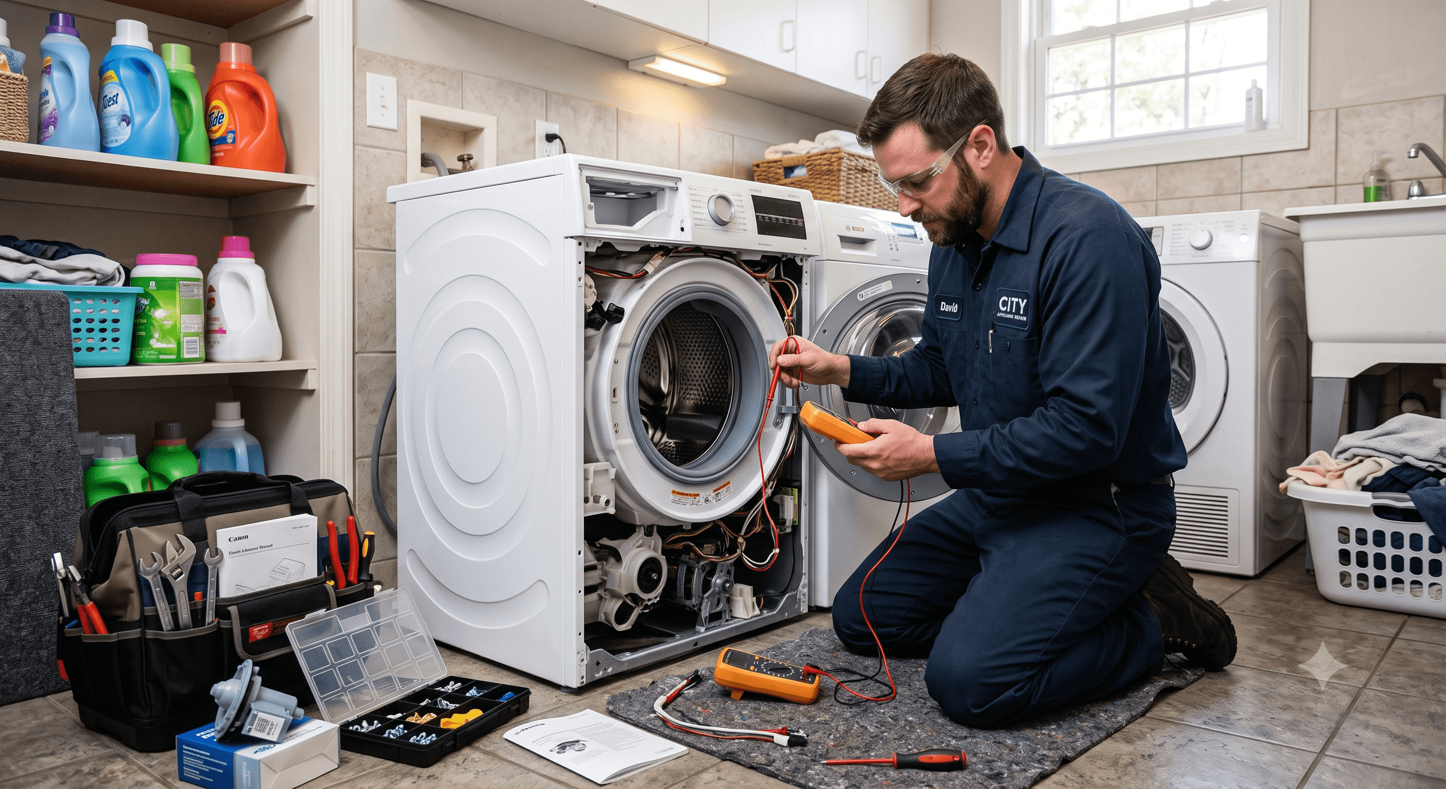 Fixbee technician repairing a front-load washing machine, testing internal components with a multimeter